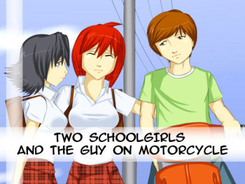 Two schoolgirls and the guy on motorcycle cover